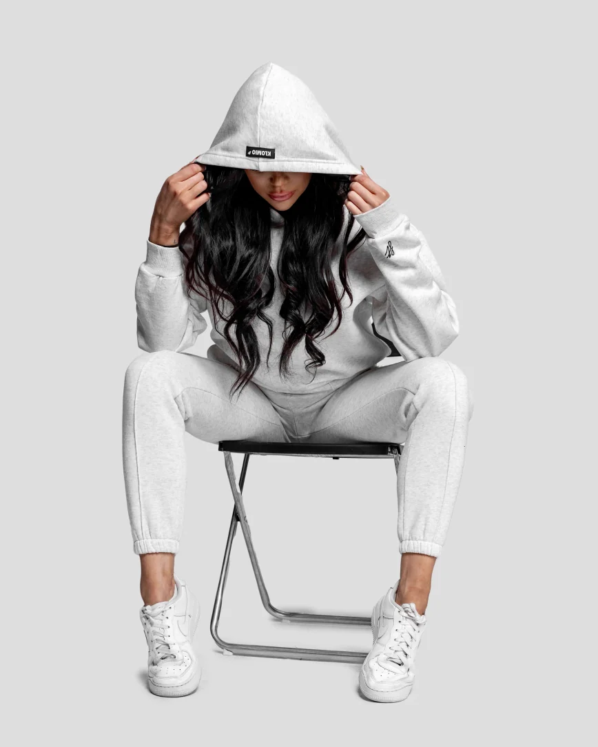 Dámská šedá oversized fitness mikina bez kapsy, pohodlná sportovní mikina s kapucí na cvičení a volný čas