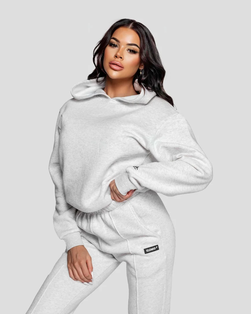 Dámská šedá oversized fitness mikina bez kapsy, pohodlná sportovní mikina s kapucí na cvičení a volný čas