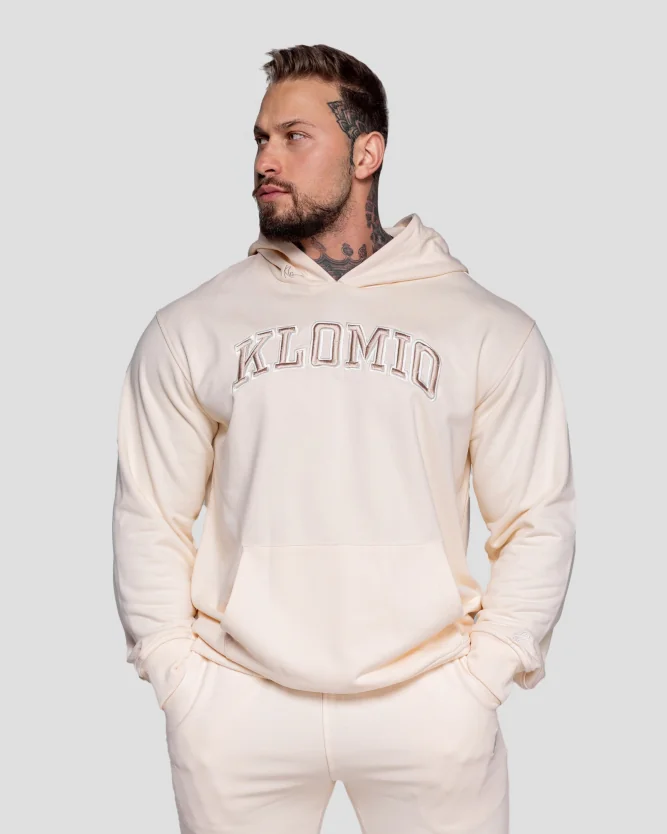 Pánská stylová oversized mikina s kapucí a přední kapsou v kremové barvě, pohodlná fitness mikina na cvičení a volný čas