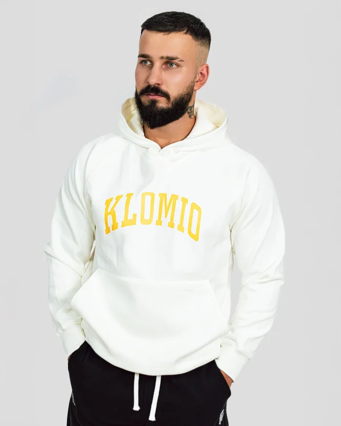 Bílá stylová fitness mikina pro muže s kapucí a kapsou, pohodlná sportovní mikina na cvičení a volný čas