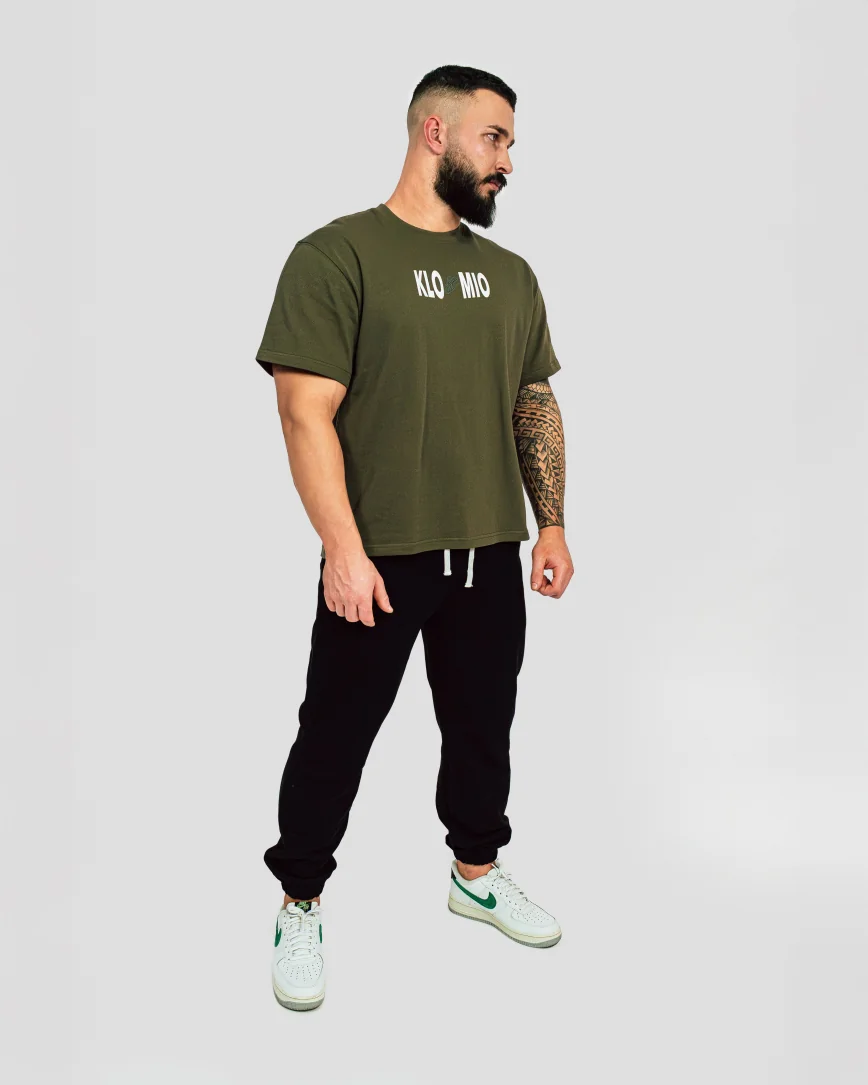Pánské bavlněné oversized triko khaki, pohodlné fitness triko pro cvičení a volný čas