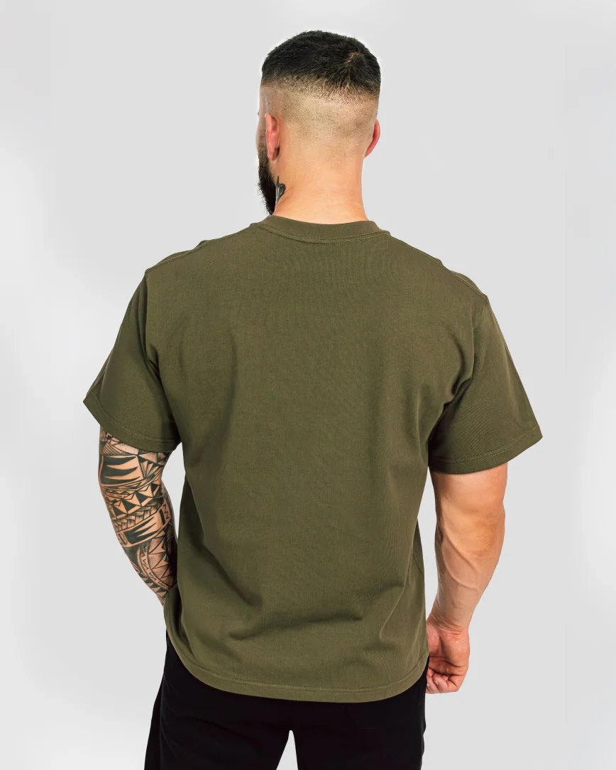 Pánské bavlněné oversized triko khaki, pohodlné fitness triko pro cvičení a volný čas